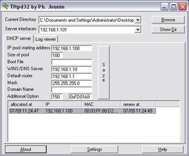 dhcp entry on tftpd32